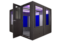 WhisperRoom MDL 96120 S: 8' x 10' Single-Wall Soundproof Booth with Open Left-Hinge Door, Blue Auralex Studio Foam, Multicolored LED Studiolights, and Acoustic Package in the Interior.