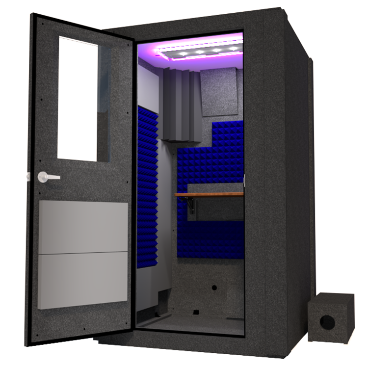 An inviting view of WhisperRoom's Voice Over Basic Package - a 4' x 4' single-wall vocal booth. The booth is thoughtfully equipped with acoustic treatment, a well-organized desk, professional studio lighting, and additional features. The image captures the booth at an angle from the front with its left-hinged door open, revealing the vibrant blue StudioFoam interior.