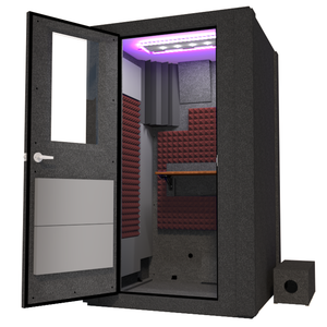 Angled view of WhisperRoom's Voice Over Basic Package - a 4' x 4' single-wall vocal booth, meticulously designed with acoustic treatment, a functional desk, studio lighting, and a comprehensive range of premium features. The left-hinged door is open, revealing the interior enhanced by sophisticated burgundy StudioFoam, creating an ideal recording atmosphere.