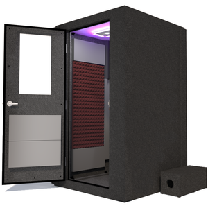 write the perfect alt text for an image of WhisperRoom's Voice Over Basic Package - a 4' x 4' single-wall vocal booth decked out with acoustic treatment, a desk, studio light, and more features. Shown  from the side with left-hinged door open and burgundy StudioFoam.