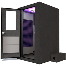 Load image into Gallery viewer, Side view of WhisperRoom&#39;s Voice Over Basic Package - a 4&#39; x 4&#39; single-wall vocal booth, thoughtfully equipped with acoustic treatment, a functional desk, studio lighting, and a range of premium features. The left-hinged door is open, revealing the interior accentuated with elegant purple StudioFoam, creating an inviting and professional recording space.
