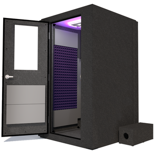 Side view of WhisperRoom's Voice Over Basic Package - a 4' x 4' single-wall vocal booth, thoughtfully equipped with acoustic treatment, a functional desk, studio lighting, and a range of premium features. The left-hinged door is open, revealing the interior accentuated with elegant purple StudioFoam, creating an inviting and professional recording space.