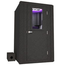 Load image into Gallery viewer, Front view of the WhisperRoom&#39;s Voice Over Basic Package - a 4&#39; x 4&#39; single-wall vocal booth, meticulously designed with acoustic treatment, a functional desk, studio lighting, and a variety of premium features. The right-hinged door is closed, and the interior is adorned with elegant purple StudioFoam, creating an ideal recording environment.
