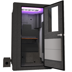 Angled view of the WhisperRoom's Voice Over Basic Package - a 4' x 4' single-wall vocal booth, featuring acoustic treatment, a functional desk, studio lighting, and a range of premium features. The right-hinged door is open, revealing the interior enhanced by elegant gray StudioFoam, providing an ideal recording setting.