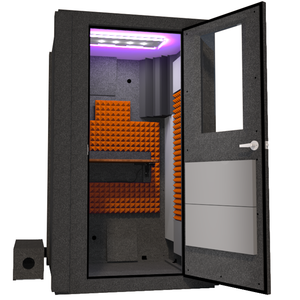 Angled view of the WhisperRoom's Voice Over Basic Package - a 4' x 4' single-wall vocal booth, expertly equipped with acoustic treatment, a functional desk, studio lighting, and an array of premium features. The right-hinged door is open, revealing the interior enhanced by vibrant orange StudioFoam, creating an ideal recording atmosphere.