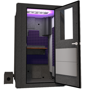 Angled view of WhisperRoom's Voice Over Basic Package - a 4' x 4' single-wall vocal booth, meticulously equipped with acoustic treatment, a functional desk, studio lighting, and an array of premium features. The right-hinged door is open, revealing the interior adorned with elegant purple StudioFoam, creating an inviting and professional recording space.