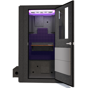 Front view of WhisperRoom's Voice Over Basic Package - a 4' x 4' single-wall vocal booth, meticulously designed with acoustic treatment, a functional desk, studio lighting, and a comprehensive range of premium features. The right-hinged door is open, revealing the interior accentuated with elegant purple StudioFoam, creating an inviting and professional recording environment.