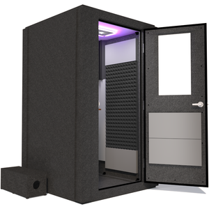 Side view of the WhisperRoom's Voice Over Basic Package - a 4' x 4' single-wall vocal booth, featuring acoustic treatment, a functional desk, studio lighting, and an array of premium features. The right-hinged door is open, revealing the interior accented with sleek gray StudioFoam, creating an ideal recording space.