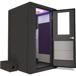 Side view of WhisperRoom's Voice Over Basic Package - a 4' x 4' single-wall vocal booth, thoughtfully equipped with acoustic treatment, a functional desk, studio lighting, and a variety of premium features. The right-hinged door is open, revealing the interior enhanced by elegant purple StudioFoam, creating an ideal recording atmosphere.