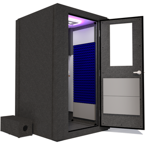 Side view of the WhisperRoom's Voice Over Basic Package - a 4' x 4' single-wall vocal booth, fully equipped with acoustic treatment, a functional desk, studio lighting, and an array of premium features. The right-hinged door is open, revealing the interior adorned with vibrant blue StudioFoam, providing an optimal recording environment.
