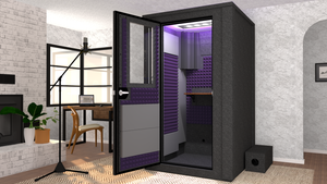WhisperRoom's Voice Over Deluxe Package: A 4'x4' Double-Wall Vocal Booth equipped with Bass Traps, a Folding Office Desk, Purple Auralex StudioFoam, an Exterior Fan Silencer, Multi-Colored LED Studio Light, and an Acoustic Package, perfectly integrated into a living room home recording studio setup next to a fireplace with a chair at a desk, a laptop, and a complete various other equipment for voiceover.