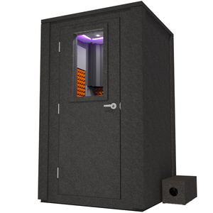 Frontal view of WhisperRoom's Voice Over Deluxe Package - a 4' x 4' double-wall vocal booth, meticulously designed with acoustic treatment, a functional desk, studio lighting, and a comprehensive range of premium features. The left-hinged door is closed, and the interior is enhanced by vibrant orange StudioFoam, creating an ideal recording environment.