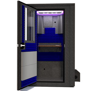 Frontal view of the WhisperRoom's Voice Over Deluxe Package - a 4' x 4' double-wall vocal booth, meticulously designed with acoustic treatment, a functional desk, studio lighting, and a comprehensive range of premium features. The left-hinged door is open, revealing the interior accentuated with vibrant blue StudioFoam, creating an ideal recording atmosphere.