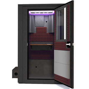 Frontal view of the WhisperRoom's Voice Over Deluxe Package - a 4' x 4' double-wall vocal booth, meticulously designed with acoustic treatment, a functional desk, studio lighting, and a comprehensive range of premium features. The right-hinged door is open, revealing the interior enhanced by sophisticated burgundy StudioFoam, creating an ideal recording atmosphere.