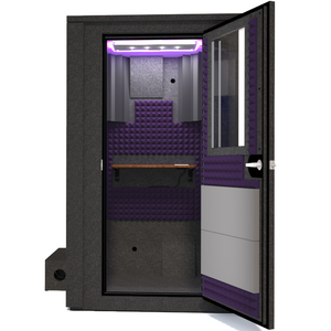 Frontal view of the WhisperRoom's Voice Over Deluxe Package - a 4' x 4' double-wall vocal booth, meticulously designed with acoustic treatment, a functional desk, studio lighting, and a comprehensive range of premium features. The right-hinged door is open, revealing the interior enhanced by elegant purple StudioFoam, creating an ideal recording atmosphere.