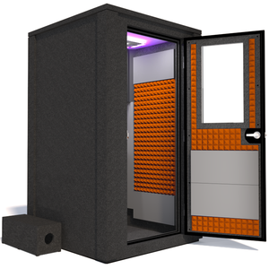 Side view of the WhisperRoom's Voice Over Deluxe Package - a 4' x 4' double-wall vocal booth, thoughtfully equipped with acoustic treatment, a functional desk, studio lighting, and an array of premium features. The right-hinged door is open, revealing the interior enhanced by vibrant orange StudioFoam, creating an ideal recording atmosphere.