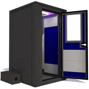 Side view of the WhisperRoom's Voice Over Deluxe Package - a 4' x 4' double-wall vocal booth, thoughtfully equipped with acoustic treatment, a functional desk, studio lighting, and an array of premium features. The right-hinged door is open, revealing the interior accentuated with vibrant blue StudioFoam, creating an ideal recording atmosphere.