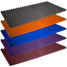 Load image into Gallery viewer, Stack of 5 Auralex Pyramid StudioFoam Sheets in Various Colors - Gray, Orange, Blue, Purple, and Burgundy. Each Sheet Measures 2&#39; x 4&#39; and is 2&quot; Thick, Perfect for Acoustic Treatment.
