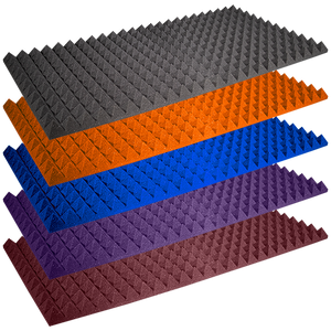 Stack of 5 Auralex Pyramid StudioFoam Sheets in Various Colors - Gray, Orange, Blue, Purple, and Burgundy. Each Sheet Measures 2' x 4' and is 2" Thick, Perfect for Acoustic Treatment.