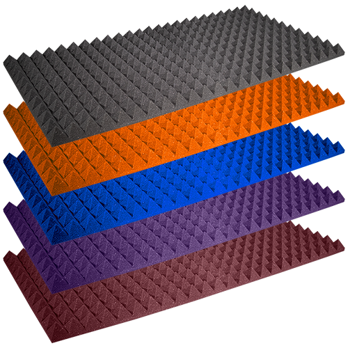 Stack of 5 Auralex Pyramid StudioFoam Sheets in Various Colors - Gray, Orange, Blue, Purple, and Burgundy. Each Sheet Measures 2' x 4' and is 2