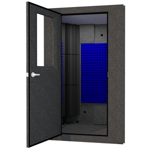 A WhisperRoom MDL 4848 S shown from the front with the door open and LENRD Bass Traps inside.