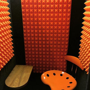 Vibrant Orange Auralex Pyramid StudioFoam Sheets (2' x 4' x 2") Enhancing Acoustic Environment within WhisperRoom Studio - Perfect for Creating a Sound-Optimized Workspace