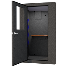 Load image into Gallery viewer, A WhisperRoom MDL 4848 S shown with the door open and an office booth on the inside.
