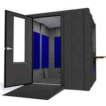 Load image into Gallery viewer, WhisperRoom&#39;s Audiology Deluxe Package shown from the front with left hinge door open and blue foam.
