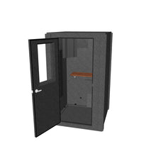 Load 3D model into Gallery viewer, 3D model of WhisperRoom&#39;s Voice Over Basic Package - a 4&#39; x 4&#39; single-wall vocal booth, tastefully designed with sleek gray acoustic treatment. The booth includes a functional desk, professional-grade studio lighting, and an extensive range of premium features.
