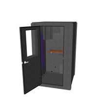 Load 3D model into Gallery viewer, Highly detailed 3D model of WhisperRoom&#39;s Voice Over Basic Package - a 4&#39; x 4&#39; single-wall vocal booth adorned with rich purple acoustic treatment, a fully equipped desk, professional-grade studio lighting, and an impressive array of additional features.
